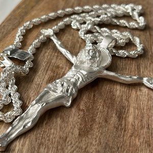 NWT Jesus large pendant 5” rope chain necklace 30” sterling silver plated